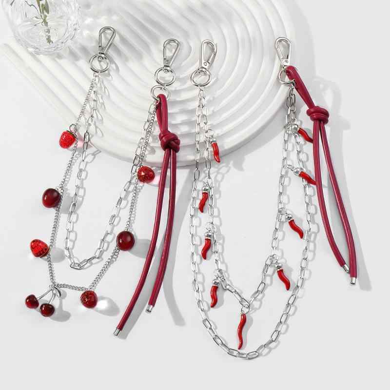 パンツチェーン レディース Y2K ファッション シルバー レッド 唐辛子 さくらんぼ ストロベリー フェイク レザー 合金 甘辛ミックス 個性派 ボトムス アクセサリー 春夏秋冬