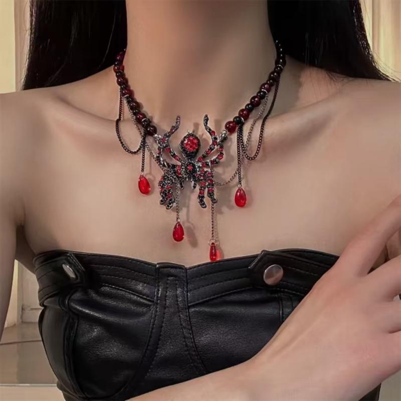 ネックレス ユニセックス サブカルチャー Y2K ダーク ゴシック パンク ロック スパイダー 蜘蛛 タッセル フリンジ ラインストーン ビジュー ビーズ チョーカー ニット用ネックレス 秋冬 合金 電気メッキ加工