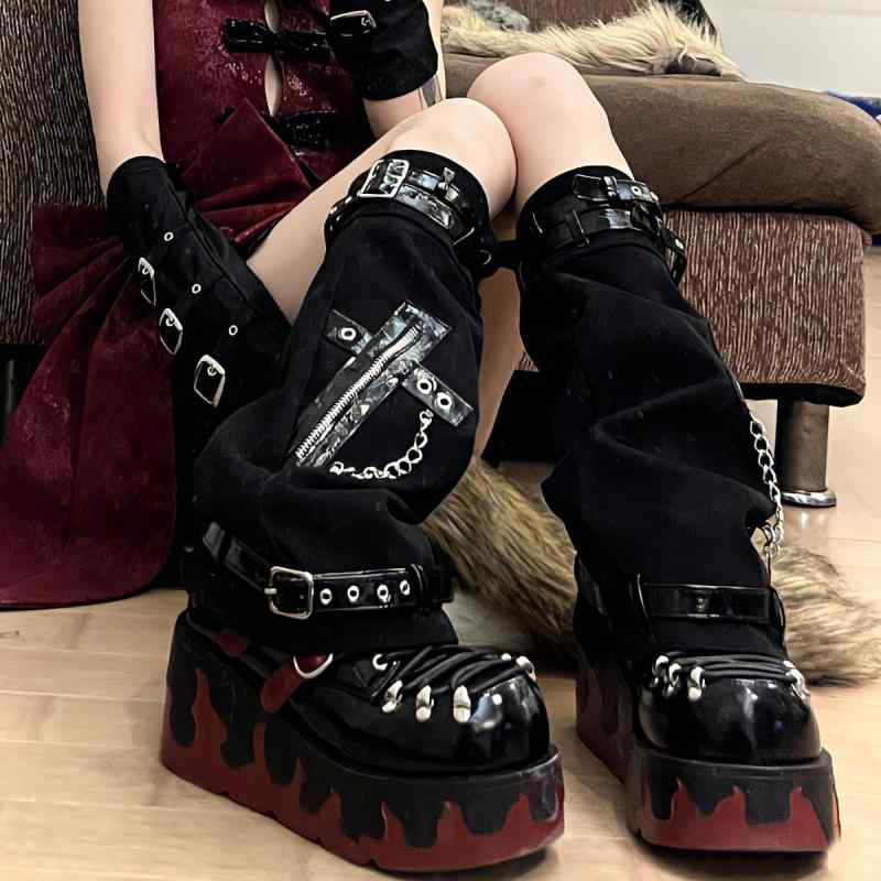 レッグウォーマー レディース Y2K パンク デニム レザー 切り替え ルーズソックス ウォッシュ加工 ブラック 細見え スタイルアップ コットン 通気性 レトロ