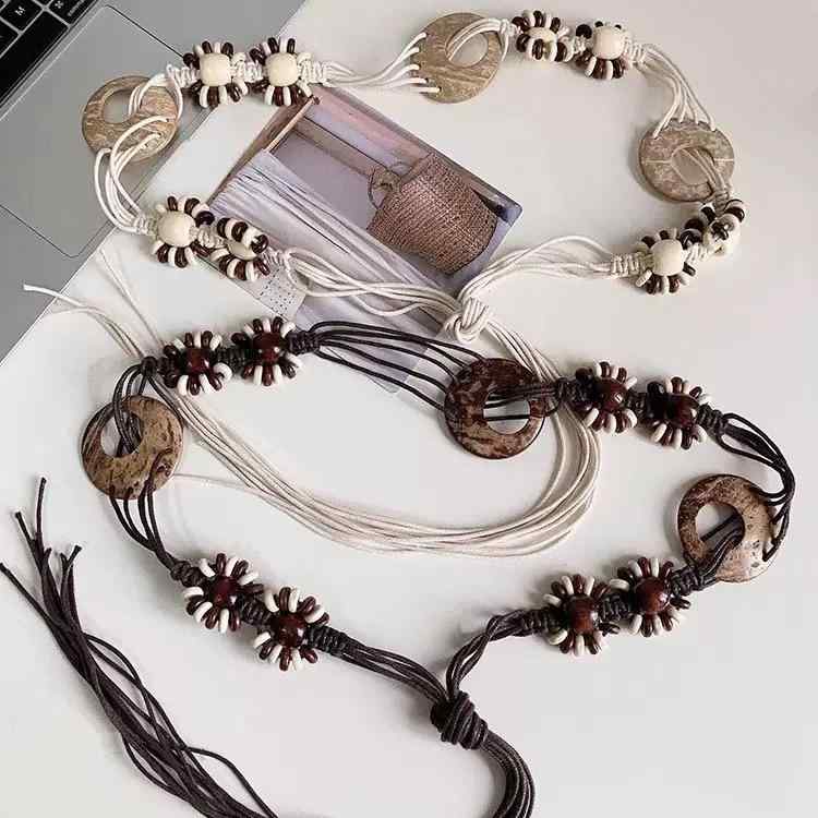 ベルト レディース ボヘミアン 民族風 レトロ ヴィンテージ Y2Kスタイル 個性的 かわいい 清楚 編み込み 紐ベルト スカート ワンピース 普段使い カジュアル 手編み ハンドメイド ロープ 着回し ウエストマーク ブラウン アイボリー