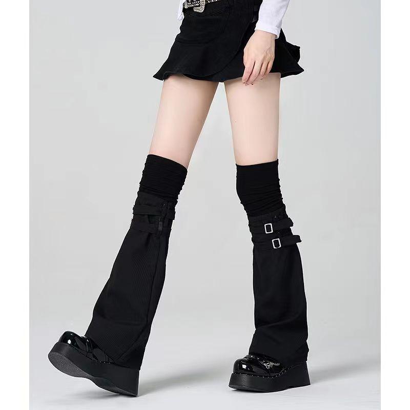 レッグウォーマー レディース ガールズ ルーズソックス Y2K JK風 スクール ベルトバックル ワイド フレア ロング丈 綿 コットン 細見え 脚長効果 ブラック ホワイト 通年