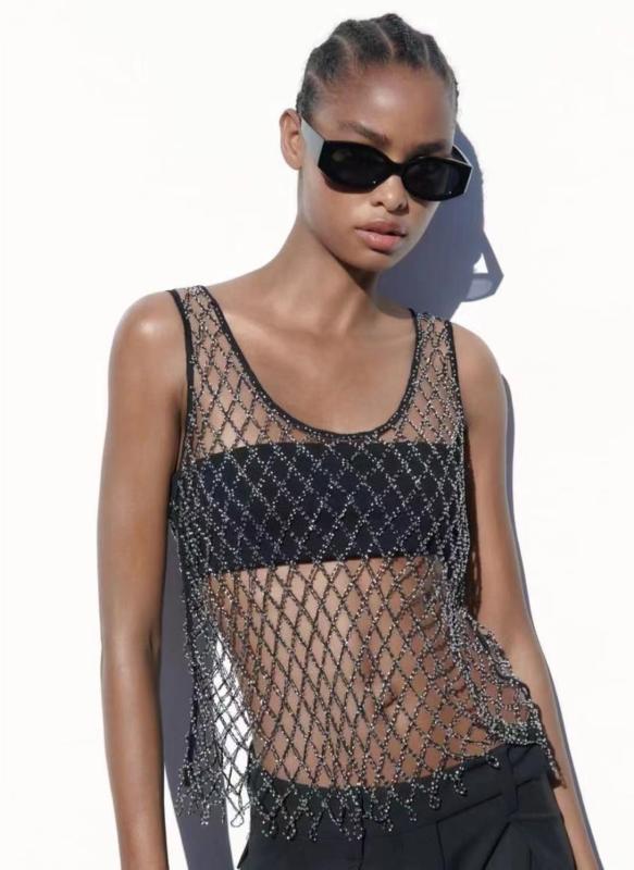 キャミソール レディース ブラック メッシュ シースルー セクシー インナー 重ね着 ラインストーン 大..