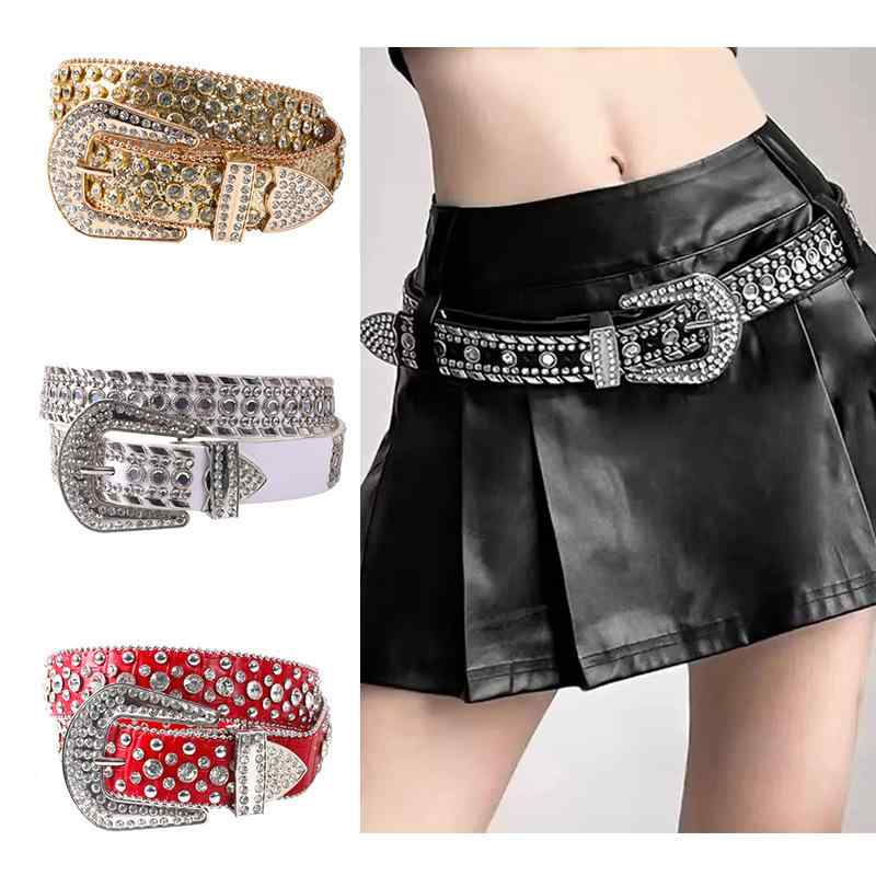 ベルト レディース ラインストーン クリスタル PUレザー 合成皮革 ピンバックル パンクスタイル ロック 個性的 ギャル Y2Kファッション ストリート ダンス衣装 合金バックル