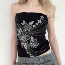 ベアトップ レディース Y2K ダーク系 ギャル ボタニカル花柄 プリント セクシー ショート丈 スリムフィット バックオープン ブラック インナー ポリエステル ストレッチ 春夏