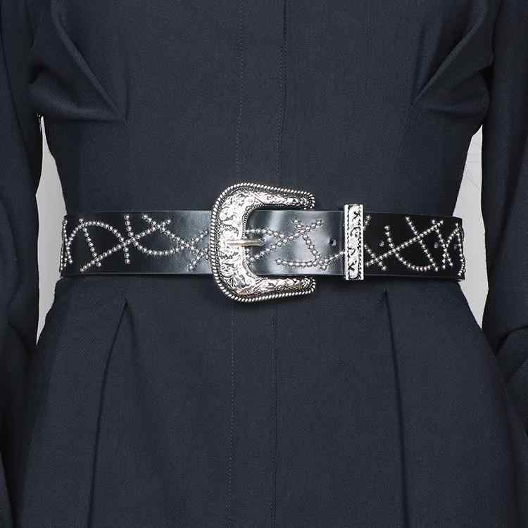 ベルト レディース Y2K レトロ パンクスタイル ストーン装飾 個性的 PUレザー フェイクレザー ブラック ホワイト カジュアル ファッション小物