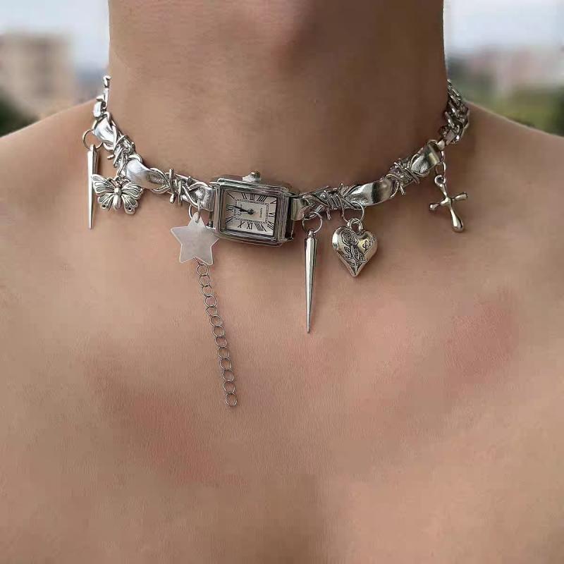 ネックレス レディース Y2K サイバーパンク レザー 革 時計 チョーカー 個性的 ユニークデザイン 幾何..