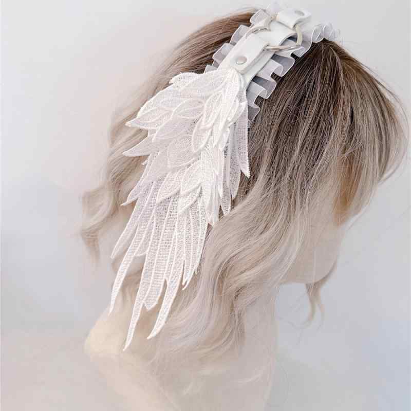 Full Wigs （Male） - ボンネット カチューシャ レディース 天使の羽 ゴシック ロリータ 甘辛ミックス Y2K ファッション 手作り ヘッドバンド 髪飾り ホワイト ブラック 合金製 ヘアアクセサリー(x2)
