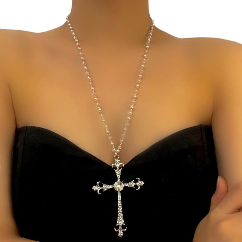 ネックレス レディース 十字架 ロング ペンダント Y2K パンク ゴシック スイート クール 甘辛ミックス 欧米風 合金製 電気メッキ加工 ニット カジュアル アクセサリー 秋冬 普段使い