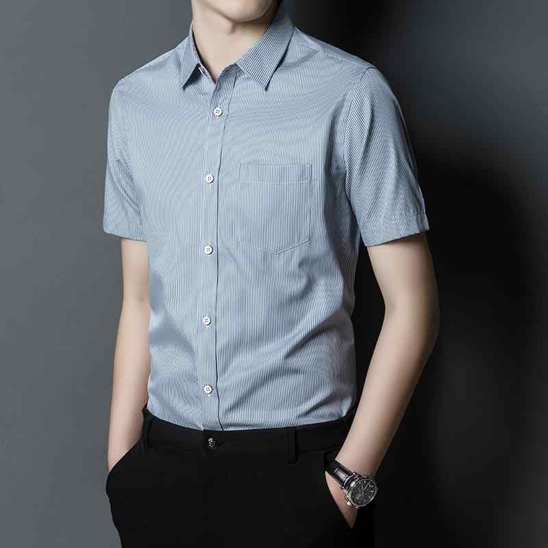 シャツ メンズ ストライプ 半袖 襟付き 薄手 通気性 ルーズシルエット ポリエステル 綿混紡 ビジネス カジュアル オフィス 普段使い 夏 サマー トレンド ファッション