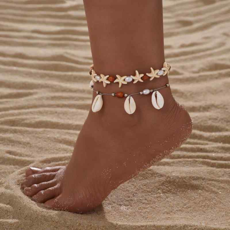 アンクレット レディース 春夏 マリンスタイル 天然貝 ヒトデ ウッドビーズ パール 編み込み 長さ調節..
