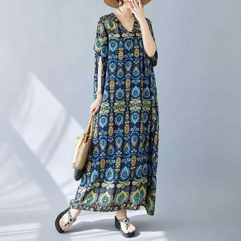 ワンピース レディース 花柄 レトロ ボヘミアン リゾート ロング丈 Vネック 長袖 リネン ハイウエスト 着痩せ ストリート カジュアル 春夏