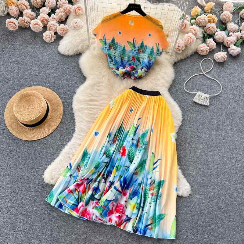 セットアップ レディース ドルマンスリーブトップス プリーツAラインロングスカート 上下セット リゾート エレガント きれいめ 花柄プリント 着痩せ 春夏