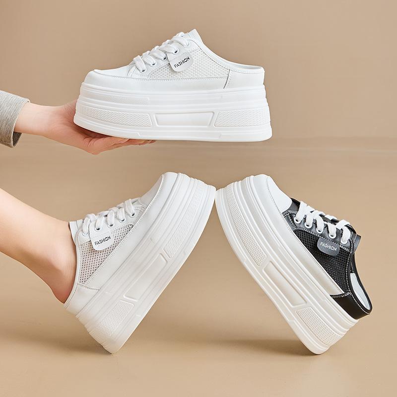 Rakuten - シューズ レディース 春夏 外履き 通気性 本革 メッシュ カジュアル インヒール 厚底 白スニーカー ラウンドトゥ 普段使い 歩きやすい 快適 ブラック