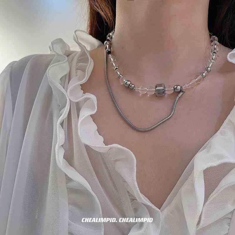 Rakuten - Y2K ファッション　2000代 CHALIMPID バックトゥザフューチャー スイート クール スタイリッシュ ガール ハイエンド ビーズ スクエア チタン ネックレス