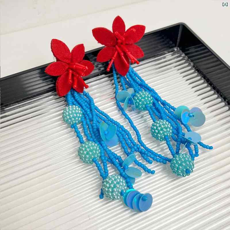 Y2K ファッション 2000 レトロ ブルー ビーズ タッセル イヤリング レディース ボヘミアン フラワー ロング イヤー クリップ シーサイドリゾート