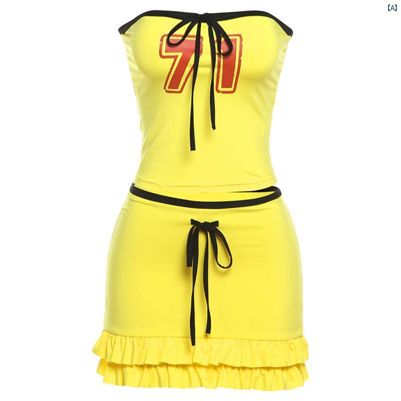 楽天いーしょっぷ柳レディース　Y2K ファッション　2000代 イエロー 色 レトロ アメリカン 夏 スタイリッシュ ガール 魅惑的 スポーツ チューブ トップ スカート スーツ