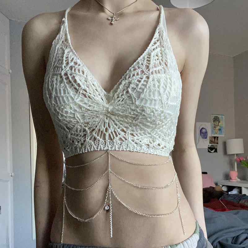 レディース Y2K ファッション 2000代 スタイリッシュ ガール 夏 ボヘミアン ニット タッセル ホルター 魅惑的 ショート スリム トップ キャミソール