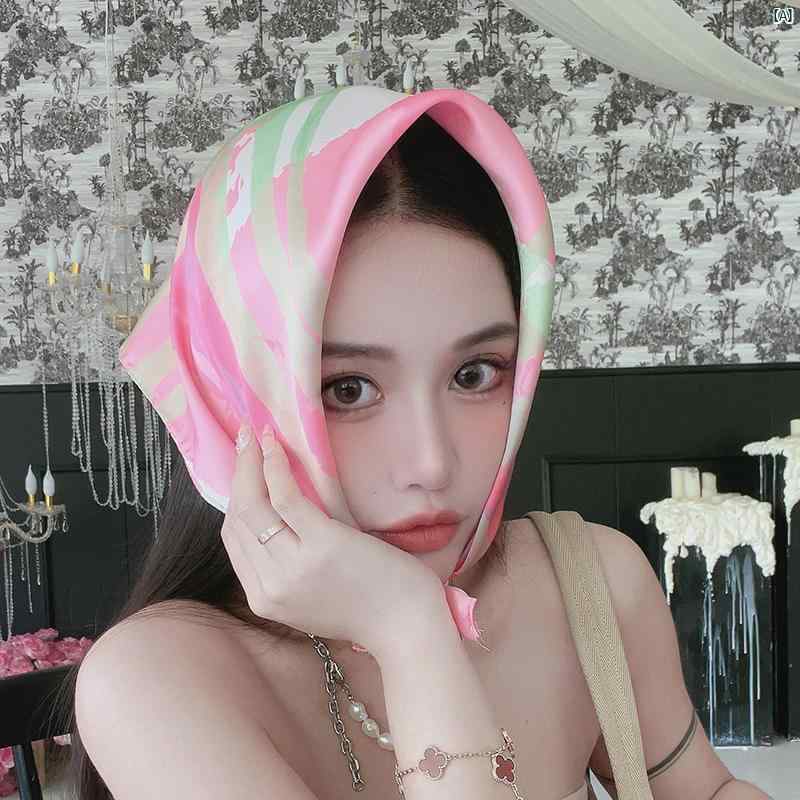 Rakuten - レディース　ファッション　小物　スカーフ　柄　かわいい　Y2K 平成　ワンポイント ピンク ヘア バンド スカーフ スクエア 薄手 小柄 大きい 頭囲 ショー フェイス ファッション