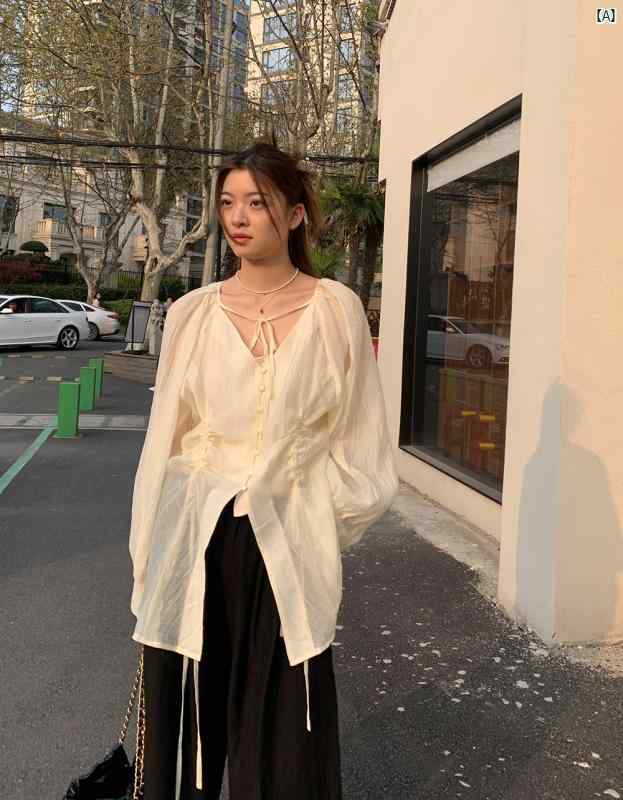 レディース　Y2K アーバンファッション　海外ファッション　レディース　おしゃれ 羅 ビアン 重量級 テンセル 中華風 シャツ 夏 レースアップ 薄手 日焼け防止 レトロ 長袖 トップ Vネック