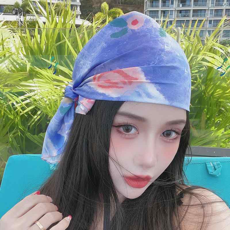 レディース　ファッション　小物　スカーフ　柄　かわいい　Y2K 平成　ワンポイント 島 夏 海辺 休暇 日焼け防止 ブルー スクエア スカーフ チューブ トップ ベルト ターバン