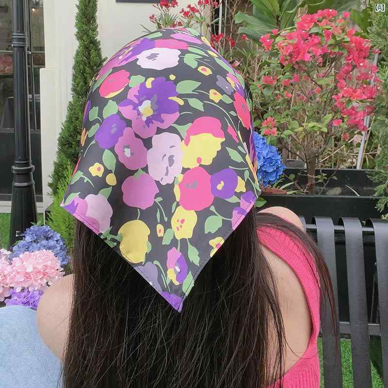 Rakuten - レディース　ファッション　小物　スカーフ　柄　かわいい　Y2K 平成　ワンポイント 島 フランス 牧歌的 花柄 ブラック スカーフ 小柄 正方形 夏 写真撮影 ファッション