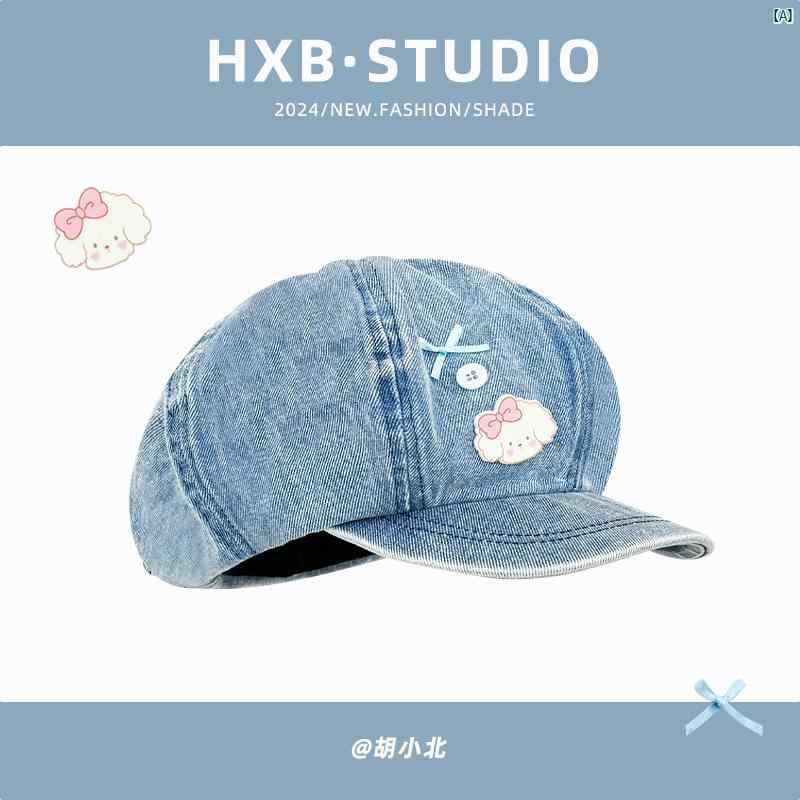 ハット　帽子　かわいい　オシャレ　Y2K 韓国 レトロ ウォッシュデニム ベレー 帽 春夏 かわいい 子犬 八角形 ペインター ハット小顔(4)