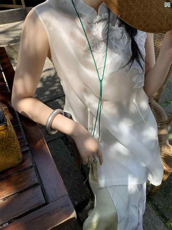 乐天商城 - レディース　ファッション　オシャレ　かわいい　綺麗　大人ファッション　Y2K 　個性的　海外風 Lihualuo 100オー ガンジー 刺繍 ベスト 中華風 スタンドカラー ノースリーブベスト トップ