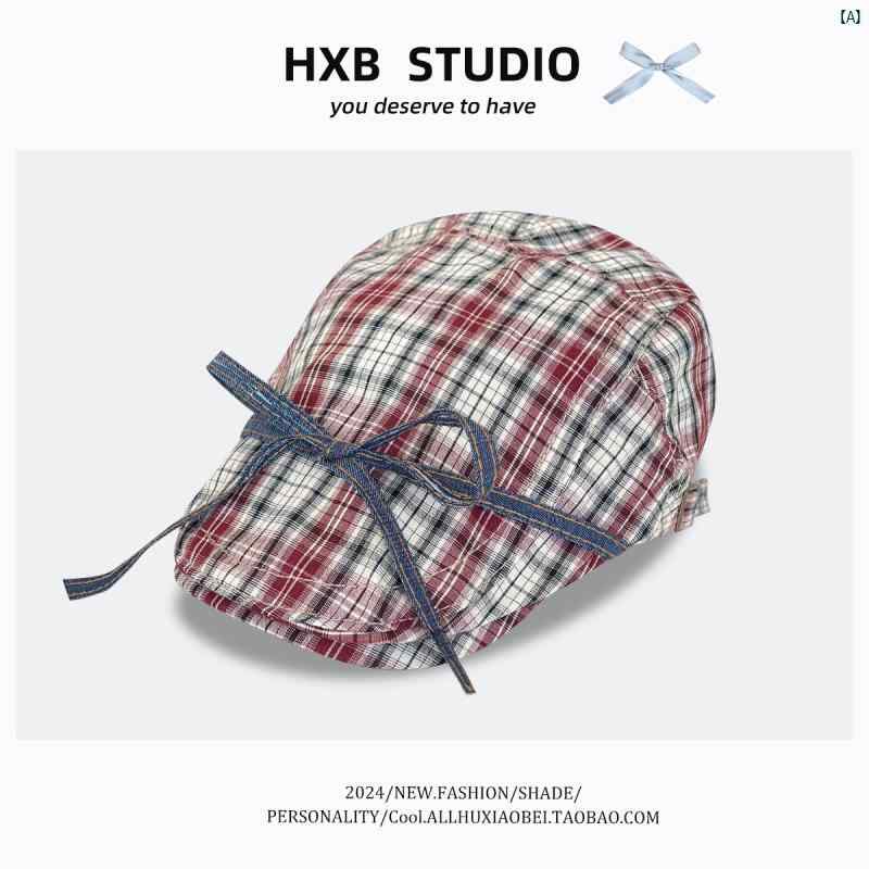 ハット　帽子　かわいい　オシャレ　Y2K レトロ チェック柄 ストラップ リボン フォワード ハット 春夏..