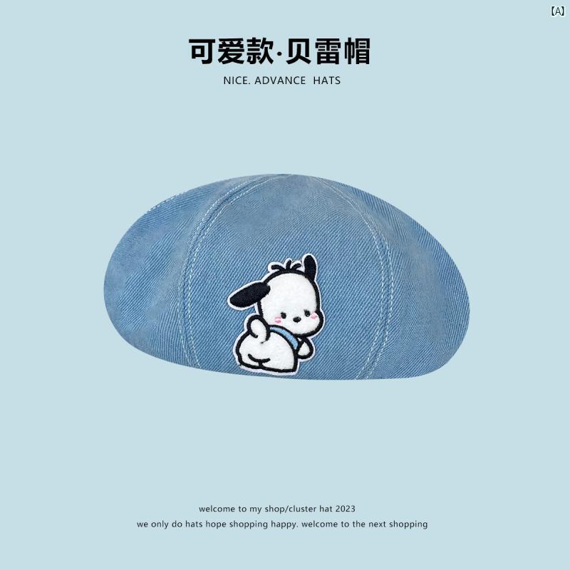 乐天商城 - ハット　帽子　かわいい　オシャレ　Y2K かわいい 子犬 パッチ デニム ベレー 帽 デイリー 顔 見せ 小柄 カレッジ ペインター ハット