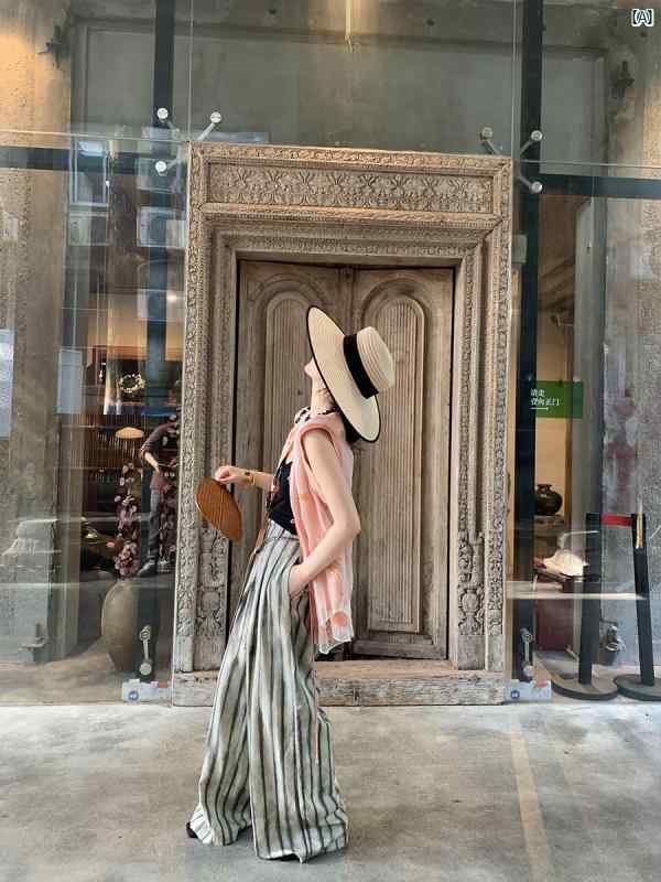 レディース　ファッション　オシャレ　かわいい　綺麗　大人ファッション　Y2K 　個性的　海外風 ブラック ホワイト ジャン パンツ レディース 夏 テンセル リネン ホワイトストライプ カジュアル ワイド レッグ