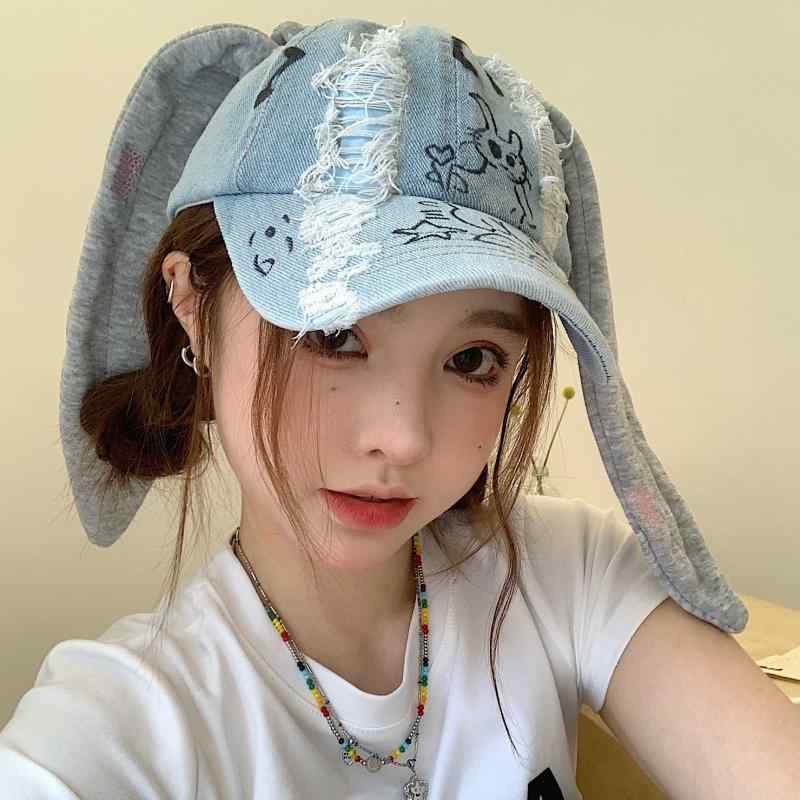 樂天商城 - キャップ 帽子 レディース Y2K カジュアル ストリート ヒップホップ 韓国 ファッション ベースボールキャップ デニム ウォッシュド カーブブリム うさ耳 ブルー