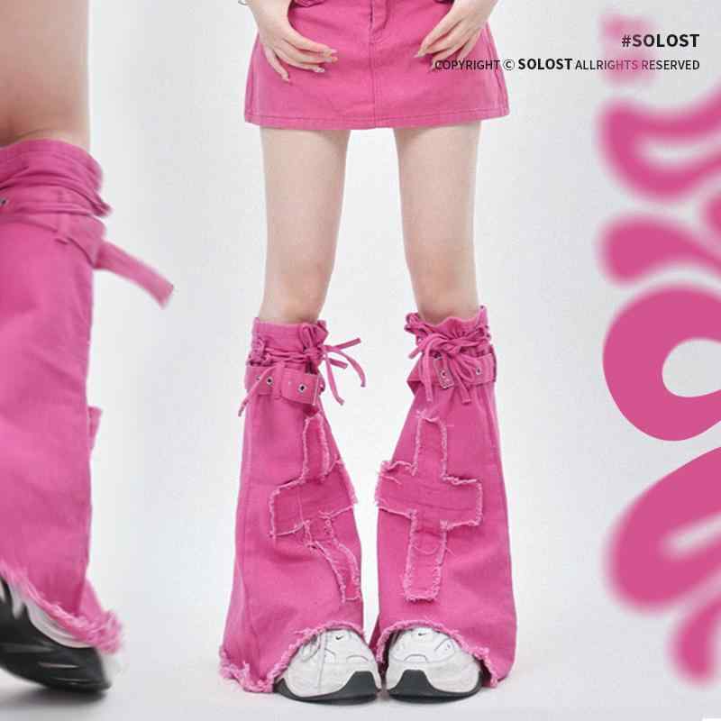 レッグカバー レディース ソックス オールシーズン 秋冬 Y2K サブカル デニム フレアソックス レッグウォーマー ミドル丈 ピンク