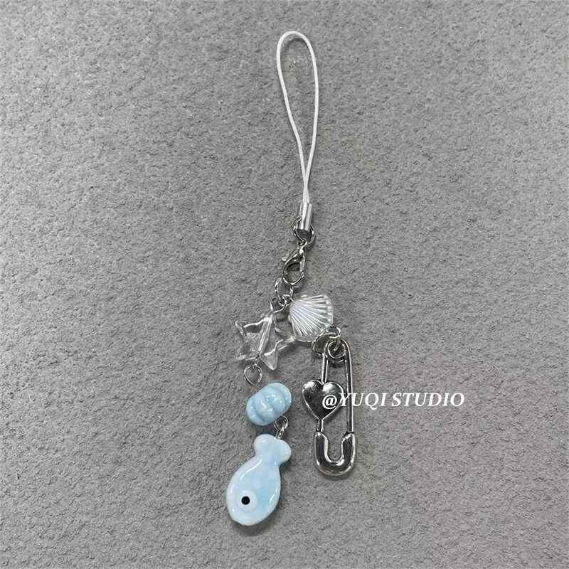 スマホ ストラップ 魚 ハンギング 携帯 チェーン ビーズ ペンダント かわいい カメラ ブルー y2k