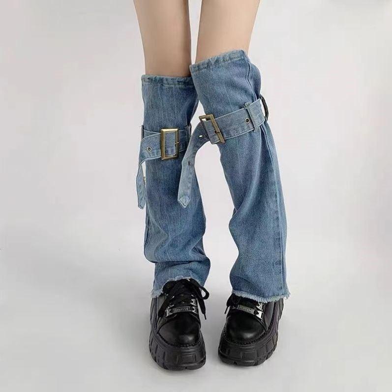 レッグカバー レディース ソックス 夏 Y2K サブカル デニム パンツ ブーツ ミレニア ル 女の子 パイル ブルー(4.0)