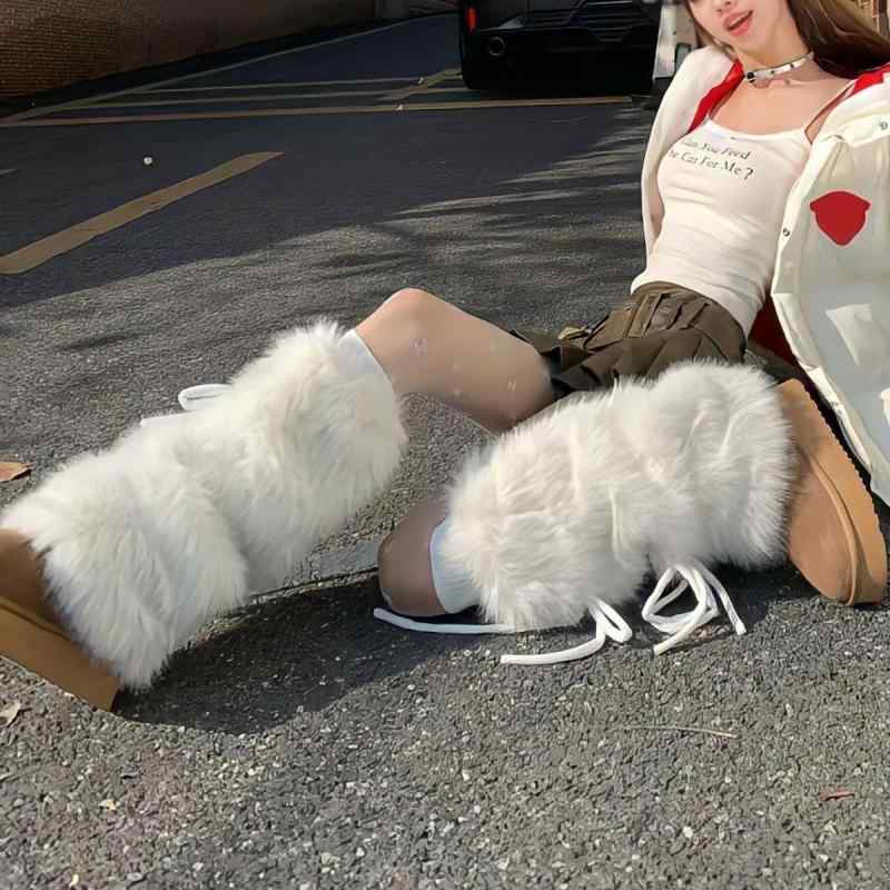 レッグカバー レディース ソックス 秋冬 Y2K サブカル レッグウォーマー パイルソックス ミドル 蝶結び バンド ふわふわ もこもこ ホワイト