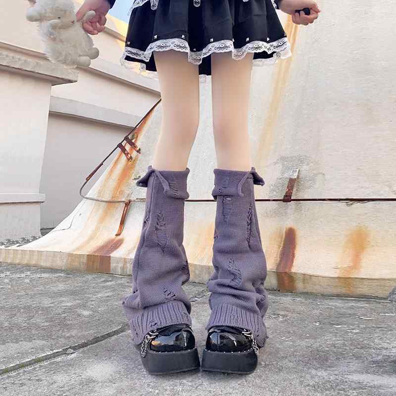 レッグカバー レディース ソックス オールシーズン Y2K JK 女子高生 サブカル レッグウォーマー パイルソックス ニットソックス フレア ダメージ加工 ミドル丈 パープル