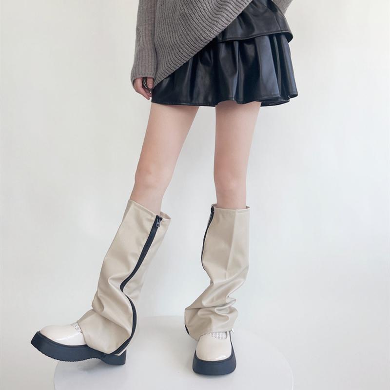 レッグカバー レディース ソックス Y2K サブカル レッグウォーマー ジッパー レザー ミドル丈 カーキ グレー ブラック