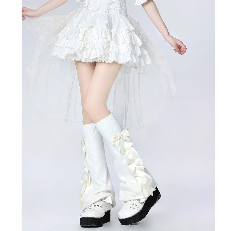 レッグカバー レディース Y2K JK サブカル ガーリー ロリータ レッグウォーマー パイルソックス ワイドレッグ サテンリボン ミドル丈 ホワイト ブラック ピンク