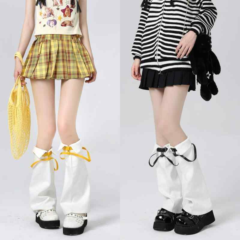 レッグカバー レッグウォーマー レディース コットン 革 バックル ワイド フレア Y2K サブカルチャー コスプレ ミドル レッグ ブラック ホワイト