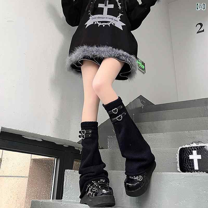 レッグカバー ソックス レディース レザー バックル JK ストッキング ニット Y2K サブカルチャー パイル 春夏 ブラック ホワイト
