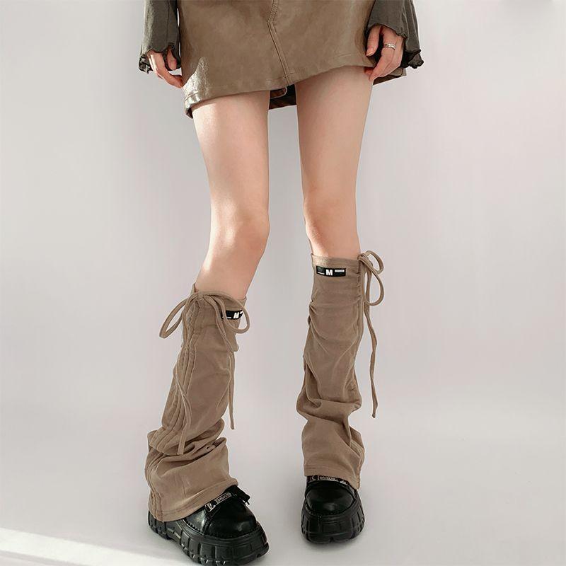 レッグカバー レディース ソックス Y2K サブカル レッグウォーマー ニットソックス 美脚 細見え ドローストリング バンド付き ギャル グレー ホワイト