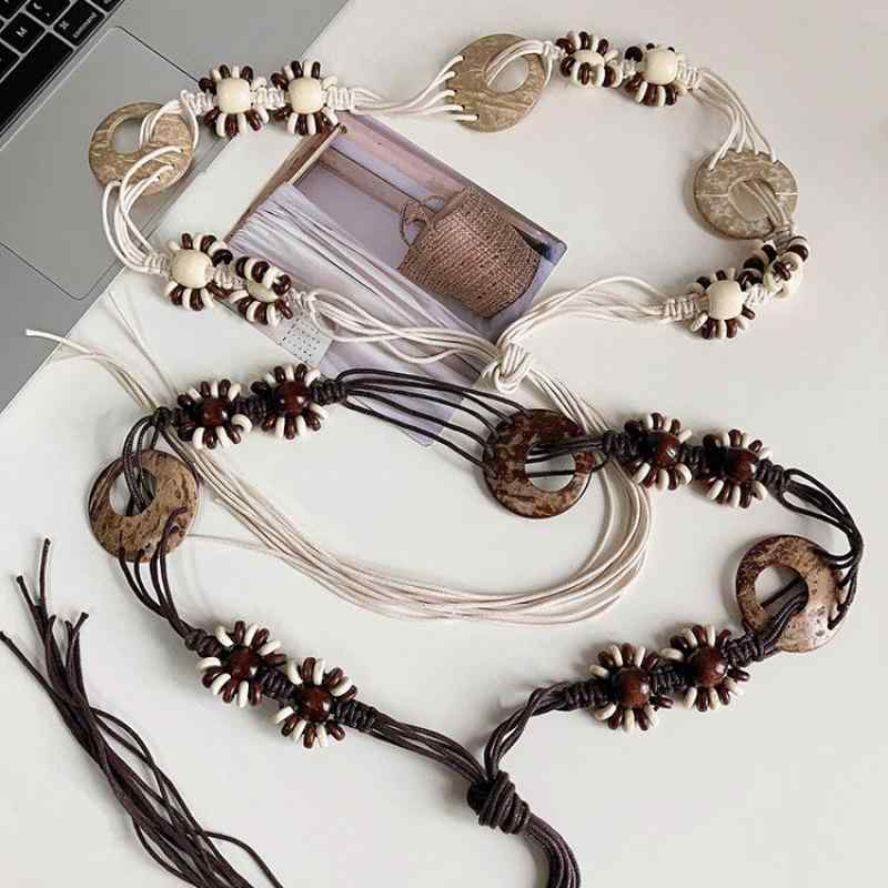 ベルト レディース ボヘミアン 個性的 Y2K レトロ ヴィンテージ 民族調 エスニック 編み込み 腰紐 スカート ワンピース ビーチ リゾート 夏 カジュアル 万能 白色 カフェブラウン