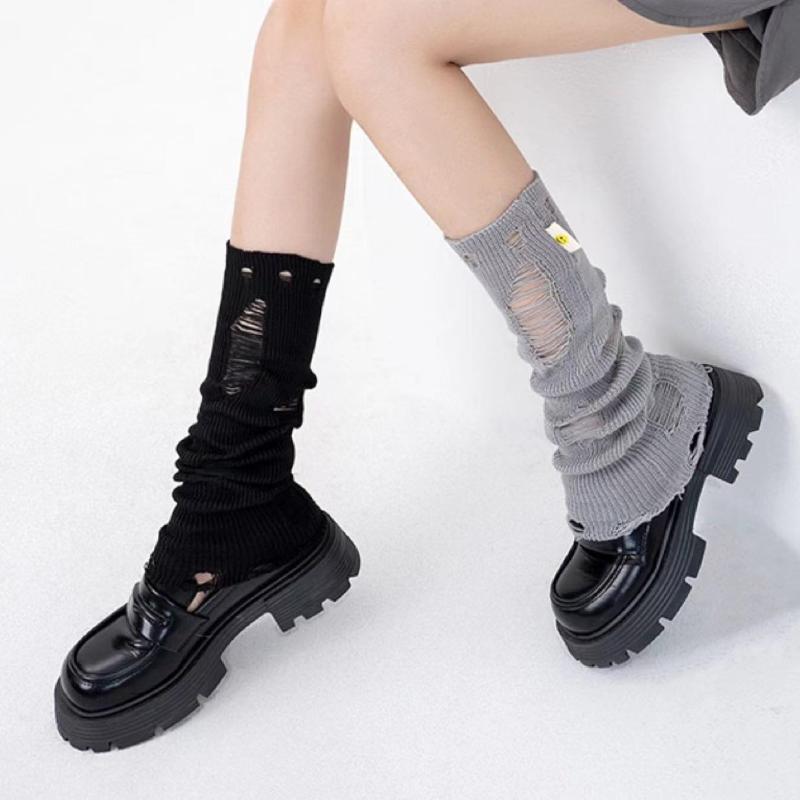 レッグカバー レディース ソックス 春秋 Y2K サブカル レッグウォーマー パイルソックス ミドル ダメージ加工 薄手 無地 ブラック グレー ホワイト