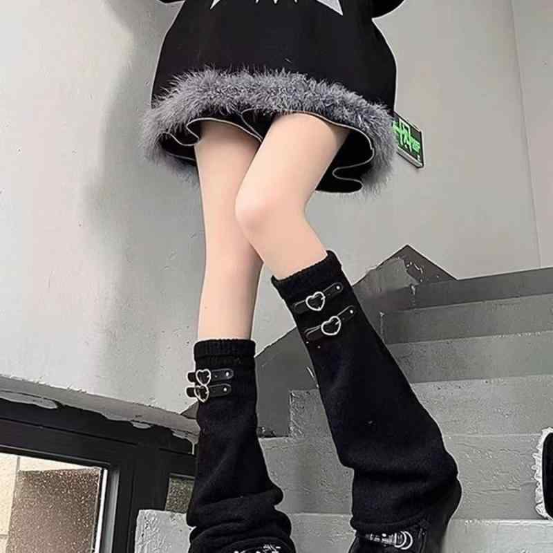 レッグカバー レディース 夏 秋 Y2K JK サブカル ガーリー レッグウォーマー パイルソックス ニットソックス 美脚 細見え シェイプアップ ミドル丈 ブラック ホワイト グレー