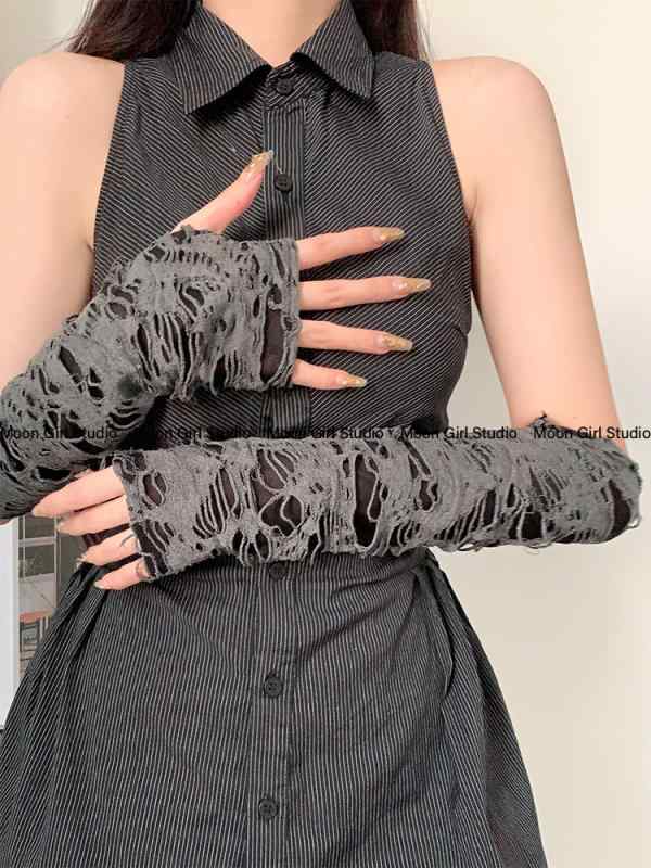 アームカバー レース グローブ y2k 穴あき 手袋 レディース 紫外線対策 スリーブ 春秋 ハーフフィンガー グレー ホワイト ブラック