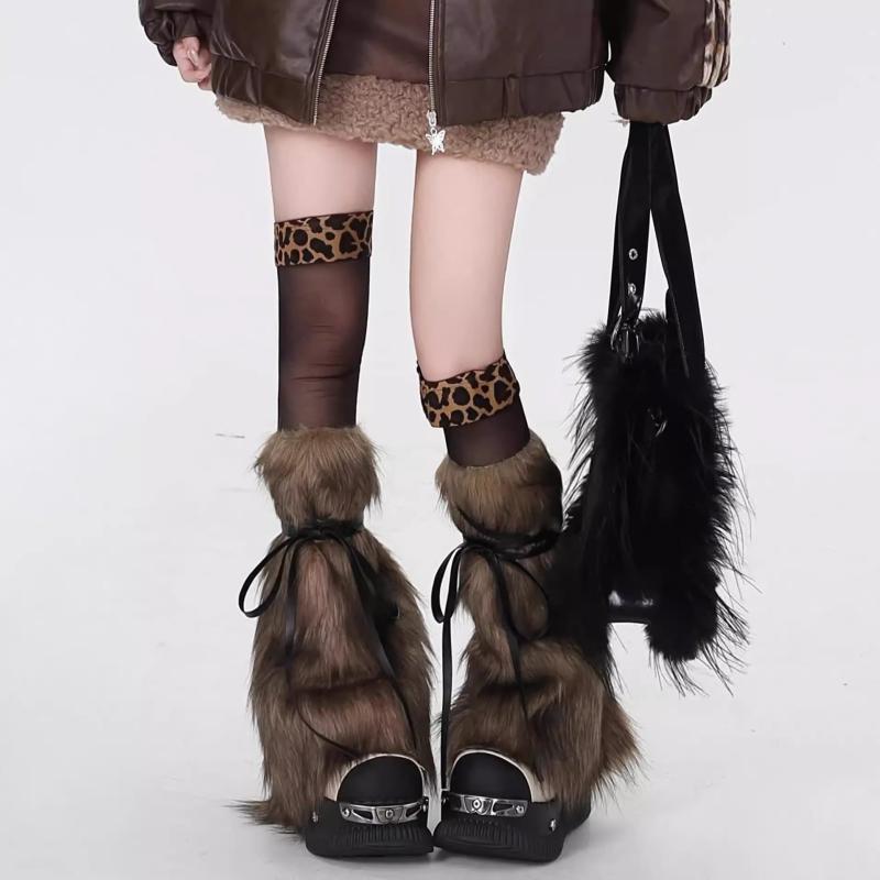 レッグカバー レッグウォーマー レディース ファー y2k ストラップ 暖かい ふくらはぎ パイルソックス スノーブーツ 秋冬 キャメル グレー
