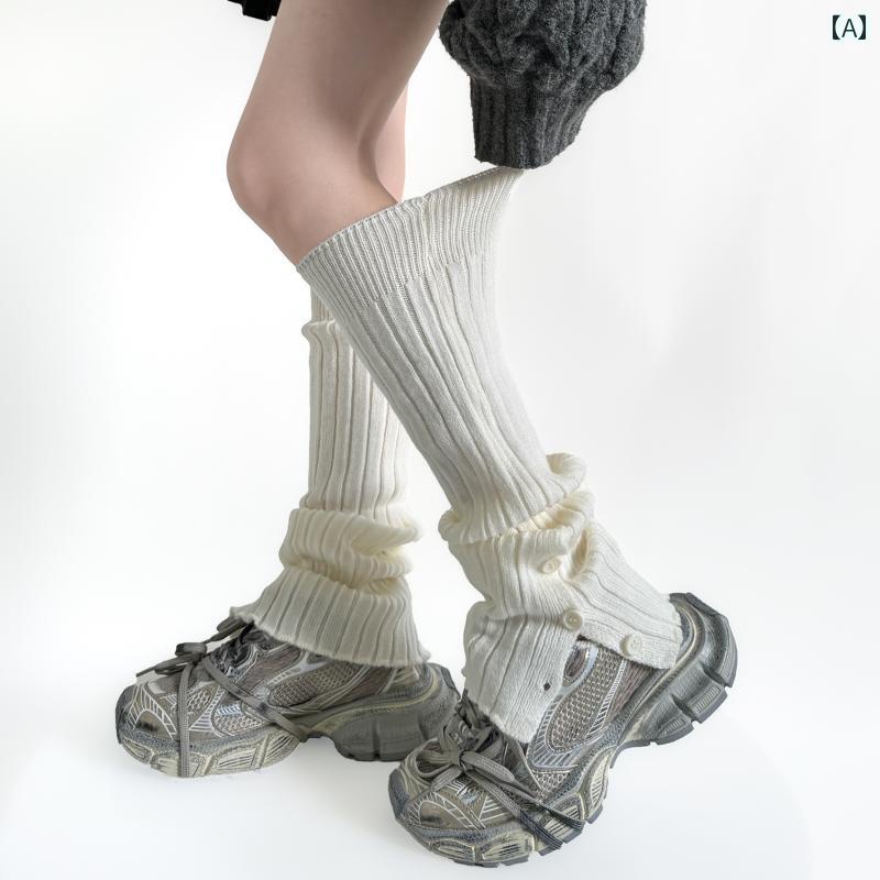レッグカバー レディース ソックス 秋冬 Y2K サブカル レッグウォーマー パイルソックス ニットソックス 美脚 細見え 子供用 タイツ 厚手 女の子 ボタン付き ホワイト グレー
