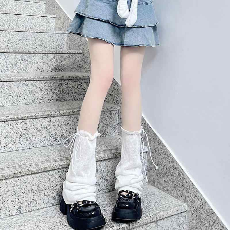 レッグカバー レディース ソックス 夏 Y2K JK サブカル かわいい ガーリー レッグウォーマー パイルソックス 薄手 紐付き レースアップ ミドル丈 ホワイト ブラック