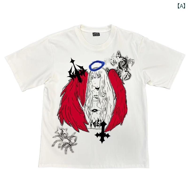 乐天商城 - Tシャツ レディース 夏 天使 ラウンドネック 半袖 サブカル ゴシック ロック パンク Y2K トップス ファッション ホワイト