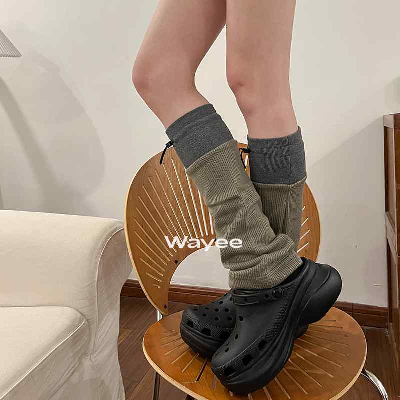 レッグカバー レディース 春秋 Y2K スポーティー アウトドア スポーツ レッグウォーマー パイルソックス ドローストリング 美脚 細見え シェイプアップ ミドル丈 カーキ ブラック